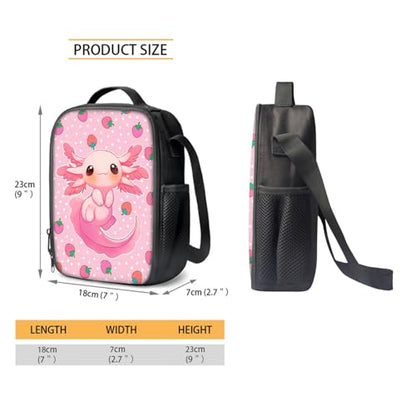 Strawberry Axolotl Backpack for Girls with Lunch Box Set - Age 5-8 Kids 3Pcs Back to School Set for Kindergarten to Elementary, Pink Bookbags - color: Axolotl Strawberry