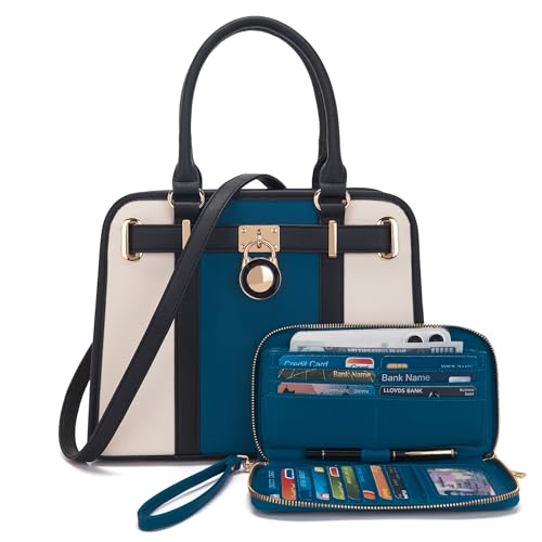 Qiyuer Structured Satchel Tote Handbags Set Women Purses with RFID Wallet - color: A633-2pcs/Set Beigeblue
