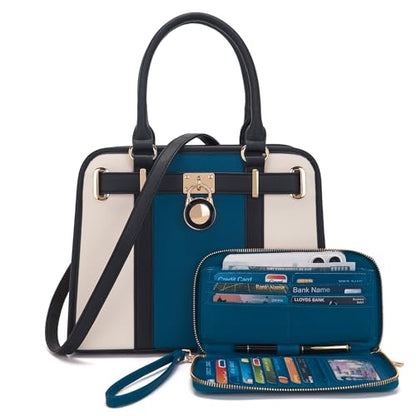 Qiyuer Structured Satchel Tote Handbags Set Women Purses with RFID Wallet - color: A633-2pcs/Set Beigeblue