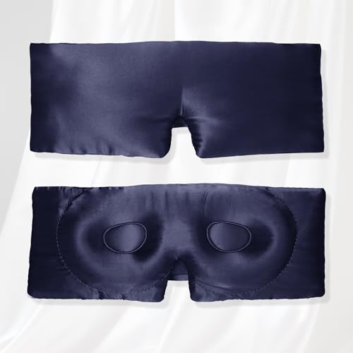 VOCOSTE 3D Pure Silk Sleep Mask with Travel Pouch, Navy Blue - color: Navy Blue