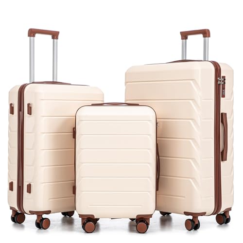 Luggages Sets 3 Piece ABS Hardside Luggage Sets Spinner Wheels Suitcase with Lock - color: Beige, size: 20/24/28 Inch
