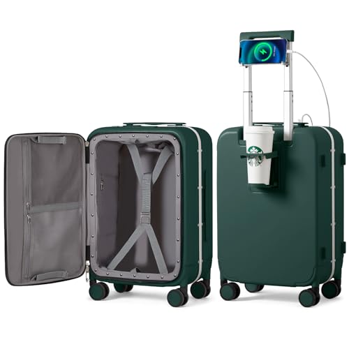 mixi Carry On Luggage with Cup Phone Holder and Charger Hard Shell Suitcases with Spinner Wheels,20 Inch Blackish Green - color: Blackish green, size: 20-inch