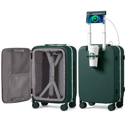 mixi Carry On Luggage with Cup Phone Holder and Charger Hard Shell Suitcases with Spinner Wheels,20 Inch Blackish Green - color: Blackish green, size: 20-inch