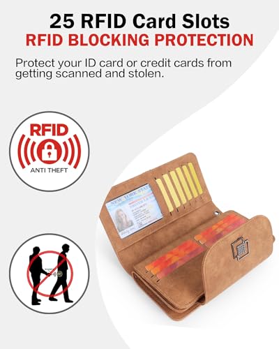 FADEON Leather Wallets for Women, Designer Large RFID Blocking Trifold - color: Camel Brown Nubuck Style