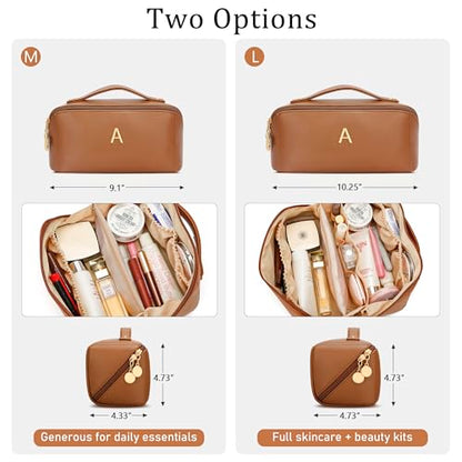 Gifts for Women Bridesmaid Initial Makeup Bag | Personalized PU Leather Cosmetic Waterproof Travel Toiletry Bag (Large-Brown-A) - color: LargeBrown, style: A