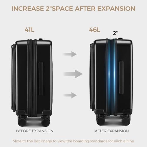 Carry on Luggage Top opening Suitcases, Expandable with Cup Holder and USB Charging Port,Lightweight with Front Pocket Rolling Suitcases with Spinner Wheels - color: Dark Black