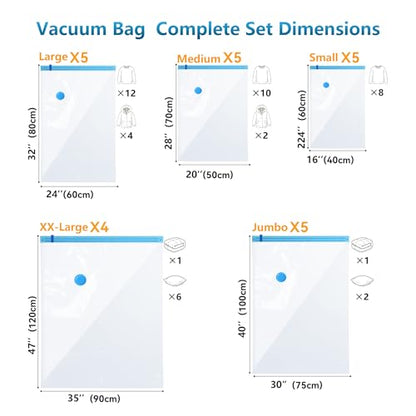 24 Pack Vacuum Storage Bags with Electric Pump，Space Saver Bags（5 Jumbo/5 Large/5 Medium/5 Small/4 Roll）,Compression for Comforters and Blankets, Sealer Clothes Storage - size: 24 Combo-EPUMP