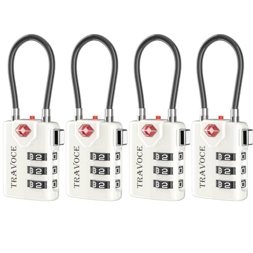 TSA Approved Luggage Locks, Combination Cable Locks, 4 Pack, White | Search Alert shows TSA key access; resettable 3-digit code and flexible braided steel cable for suitcases and backpacks. - color: White 4 Pack