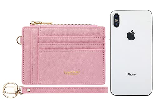 Wikavanli Women Slim Rfid Blocking Credit Card Case Holder Wristlet Zip ID Case Wallet Small Compact Leather Wallet Coin Purse with Keychain (Pink) - color: Pink