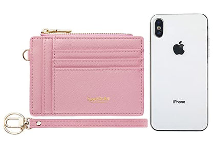 Wikavanli Women Slim Rfid Blocking Credit Card Case Holder Wristlet Zip ID Case Wallet Small Compact Leather Wallet Coin Purse with Keychain (Pink) - color: Pink