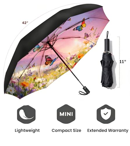 SIEPASA Compact Travel Umbrella - Windproof Auto Open/Close, Small Folding Umbrella for Rain & Sun with UPF50+ - Lightweight Frame, Waterproof - Fits Backpack, Purse, Suitcase.(Garden Butterfly) - color: UPF-Garden Butterfly, size: 42 Inch