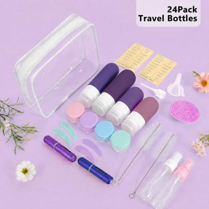 24 Pack Travel Bottles for Toiletries -TSA Approved, Leak Proof Silicone - color: Purple