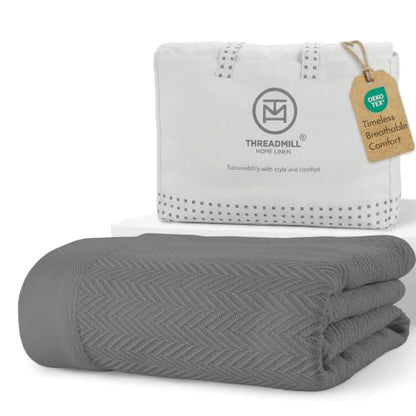Threadmill Luxury 100% Cotton Queen Herringbone Blanket, Dark Grey - color: Dark Grey, size: Queen (90" x 92")