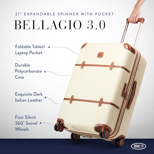 Bric's Bellagio 3.0 Spinner Trunk- Luxury Hardshell Check In Luggage with Large Wheels, Telescopic Handle, Leather Detailing - Expandable Rolling Suitcase - 27", Cream - color: Cream, size: 27" Checked-Medium