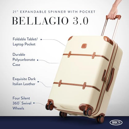 Bric's Bellagio 3.0 Spinner Trunk- Luxury Hardshell Check In Luggage with Large Wheels, Telescopic Handle, Leather Detailing - Expandable Rolling Suitcase - 27", Cream - color: Cream, size: 27" Checked-Medium