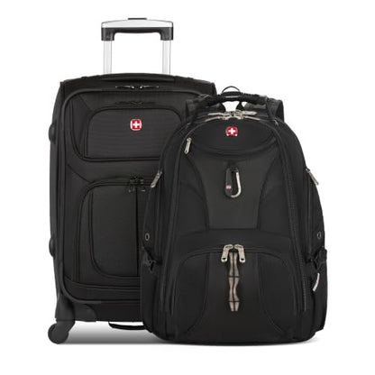 SwissGear Sion Softside Expandable Spinner Luggage Durable Lightweight Travel Suitcase, Black, 2-Piece Set (Carry-On/Backpack) - color: Black, size: 2-Piece Set (Carry-On/Backpack)