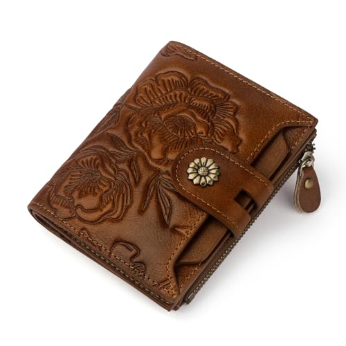 Womens Wallet,RFID Blocking Leather Wallet Womens Bifold Card Holder Small Compact Wallet for Women with Removable ID Window(yhbrown) - color: c1-embossed brown