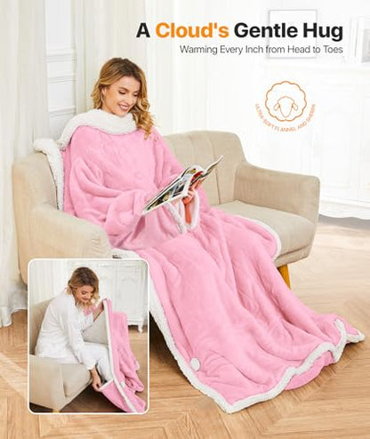 SIHOHAN 50 * 70" Pink & 50 * 70" Grey Heated Throw Blanket - Heated Wearable Blanket Throw with Foot Pockets