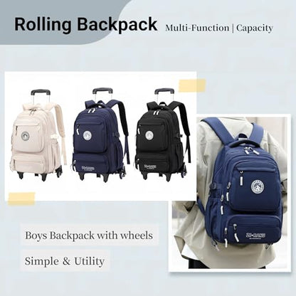 Rolling Backpack for Boys Girls Elementary Middle School Bags, Boys Roller Backpack with 6 Wheels, Beige - color: 6 Wheels-beige