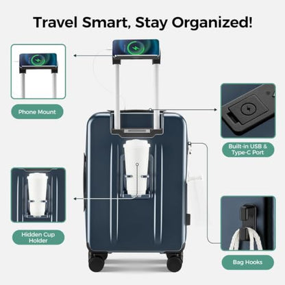 Carry on Luggage Top opening Suitcases, Expandable with Cup&Phone Holder and USB Charging Port,Hardside with Front Pocket Rolling Suitcases with Spinner Wheels & YKK Zippers (Navy, 20 Inch) - color: Navy