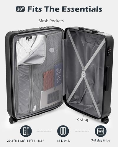 Coolife PC+ABS Hardshell Luggage, TSA Lock, Spinner Wheels, 28in Expandable | PC+ABS hardshell, scratch-resistant, 360° silent spinner wheels, YKK zippers, TSA lock, aluminum handle, 15% expandable - color: grey, size: 28 inch