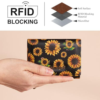 Montana West Small Wallets Woman RFID Blocking Wallet Trifold Pocket Wallet with ID Window - color: Z Black Sunflower