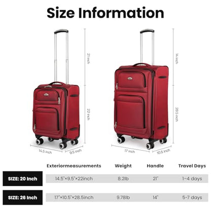 Softside Luggage Sets 2 Piece(20/26in),Expandable 15% - color: Red, size: 2-Piece Set (20"/26'')