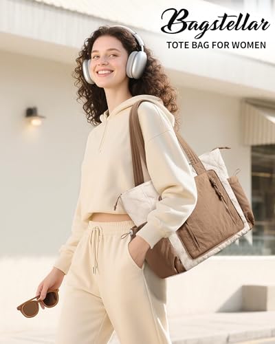 Bagstellar Puffer Tote Bag for Women, Lightweight Puffy Work Laptop Handbag - color: Cream-khaki