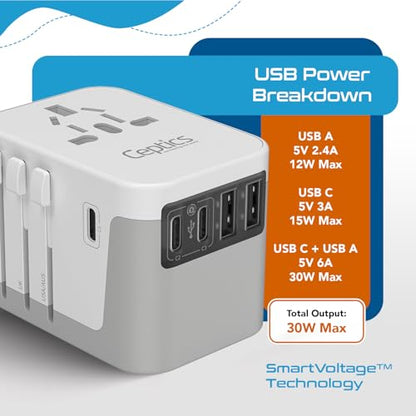 Ceptics Universal Travel Adapter, 3 USB-C + 2 USB-A with Universal Input - color: Smoke White