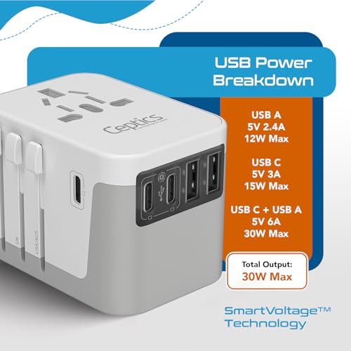 Ceptics Universal Travel Adapter, 3 USB-C + 2 USB-A with Universal Input - color: Smoke White