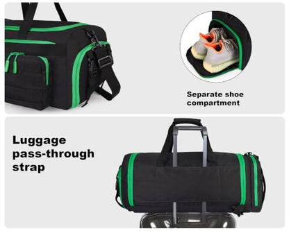 LHI 50L Tactical Duffle Bag for Men, 3-in-1 Gym Duffle and Backpack, Shoe Compartment, Laptop Sleeve and MOLLE, Carry-On Travel Weekender and Overnight Bag – Black with green zippers - color: Black Green