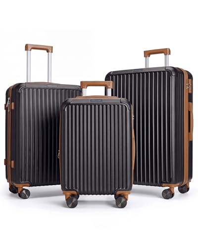 LIGHT FLIGHT 3 Pieces Luggage Sets with Spinner Wheels Hardshell TSA Lock - color: Black Brown, size: 3-Piece Set - 20"/24"/28"