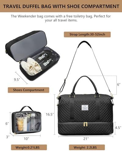 Travel Weekender Duffle Bag for Women: Overnight Bags with Shoe Compartment - color: 1-Black, size: X-Large
