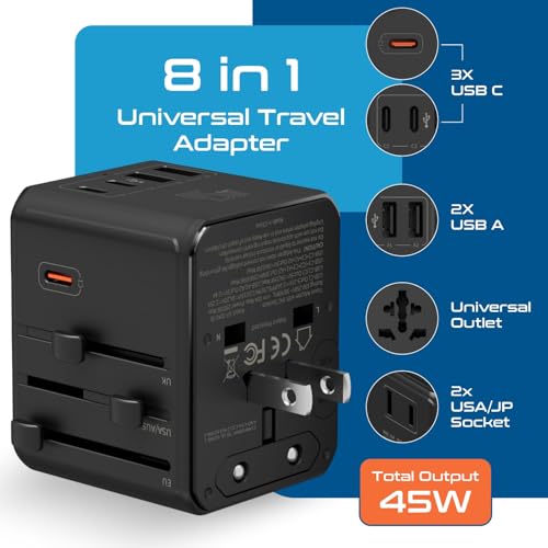 Ceptics 8 in 1 Universal Travel Adapter 45W, 3 Inputs, 2 USB-A + 3 USB-C - color: Black