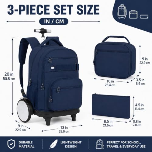 3Pcs Large Wheels Rolling Backpack for Boys Men, 20 Inches Detachable Wheeled Backpack Set, Water Resistant Roller Backpack for Travel Work College School (Blue) - color: Cassic-bue (Large Wheels)