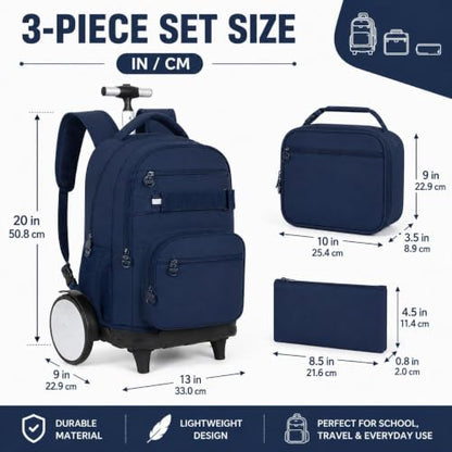 3Pcs Large Wheels Rolling Backpack for Boys Men, 20 Inches Detachable Wheeled Backpack Set, Water Resistant Roller Backpack for Travel Work College School (Blue) - color: Cassic-bue (Large Wheels)