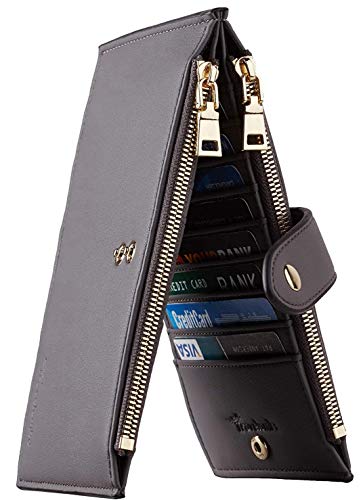 Travelambo Womens Leather Bifold Wallet, Slim RFID Blocking Card Holder - color: Grey Light