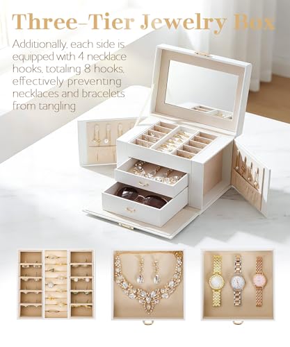 Homde Lockable Jewelry Box for Girl: 3-Layer Safe Organizer with Key - color: White