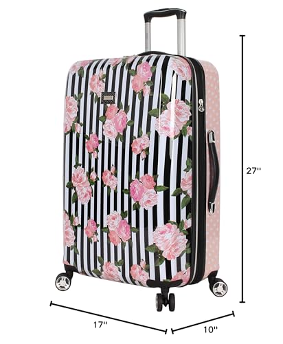 Betsey Johnson 26 Inch Checked Luggage Collection - Expandable Scratch Resistant (ABS + PC) Hardside Suitcase - Designer Lightweight Bag with 8-Rolling Spinner Wheels (Stripe Roses) - color: Stripe Roses