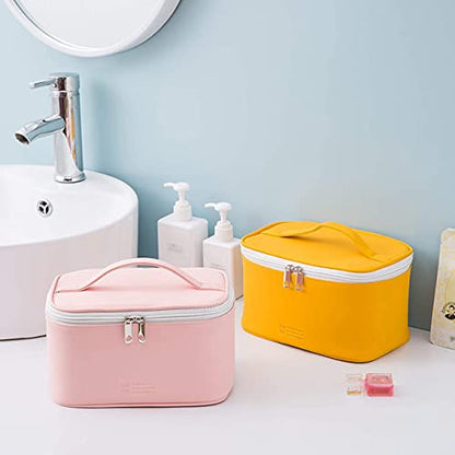 Meiyuuo Travel Makeup Bag for Women, PU Leather Cosmetic Bag, Yellow - color: Bright Yellow