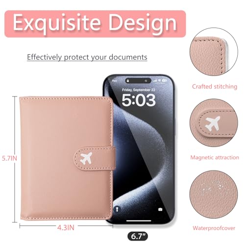 Passport Holder, Cute Travel Wallet Cover with RFID Blocking,Pink | PU leather travel wallet with magnetic closure, card slots, pen loop, and easy access for passports and essentials. - color: R-Pink