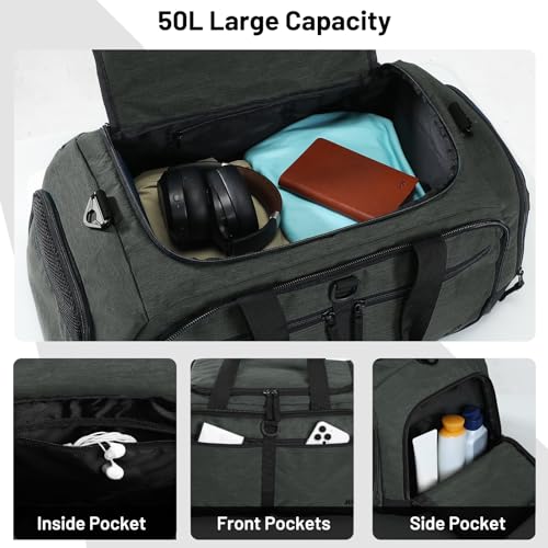 MIER Packable Travel Duffle Bag with Shoe Compartment, 50L, Green Gray - color: Green Gray, size: 50L