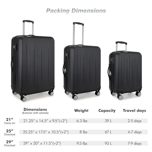 Elite Luggage Expandable Hardside Spinner Luggage,TSA Lock, Black, 3-Piece - color: Black, size: 3 Piece