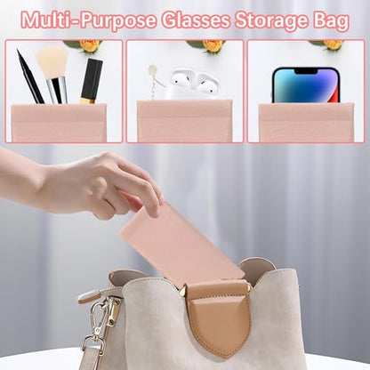 Squeeze Top Sunglass Pouch - Portable Sunglass Organizer Pouch Bags Soft PU Leather Glasses 2 Pack - color: Lilac Purple+denim Blue