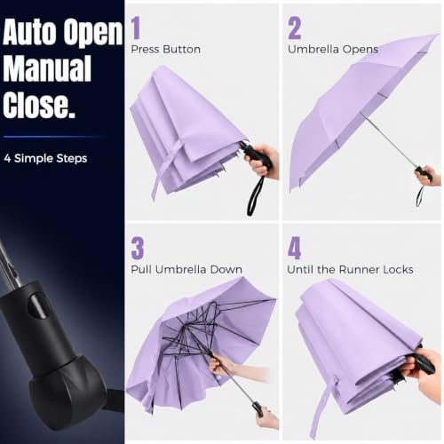 Collapsible Windproof Umbrella Travel - 42inch Auto Open & Manual Close - color: 03.Lilac