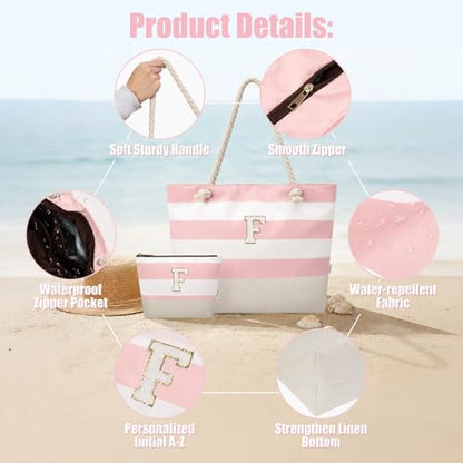 Vavabox Initial Beach Tote Bag for Women, Water-resistant Gifts for Women - color: Pink