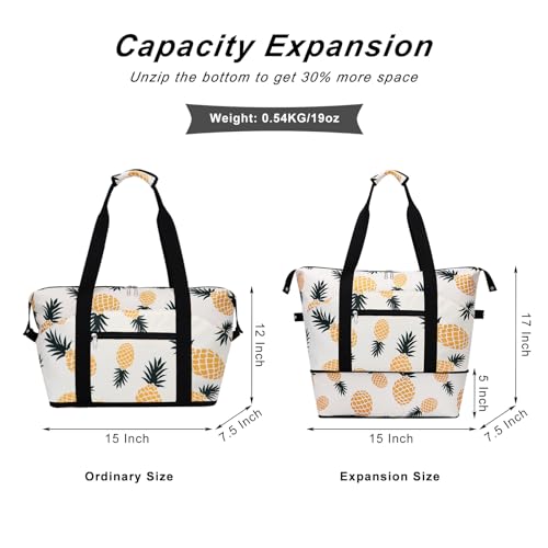 Expandable Duffel Bag for Women with Trolley Sleeve/Wet Pocket Weekender Travel Tote Large Carry On Overnight Luggage - color: Pineapple