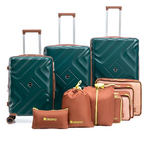 Rosamo 10 piece Luggage Set Expandable Suitcase 22x14x9 Airline Approved Carry on, ABS Hard Case Suitcases with Spinner Wheels,TSA Lock - color: DarkGreen, size: 10 PCS