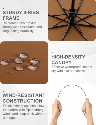 Windproof Travel Umbrella, Automatic Compact Folding Umbrella, Small Travel Size Umbrella for Rain, Backpack & Everyday Carry - color: Brown