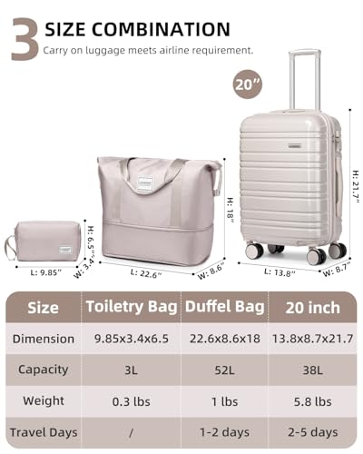 LARVENDER Carry on Luggage Sets 3 Piece, 20" Suitcase Set, Glossy Champagne - color: Glossy Champagne 20in, size: 3 Piece Set (20/DB/TB)